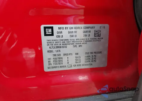 2016 Chevrolet Trax Lt z USA, uszkodzony, nr VIN KL7CJLSB9GB755752